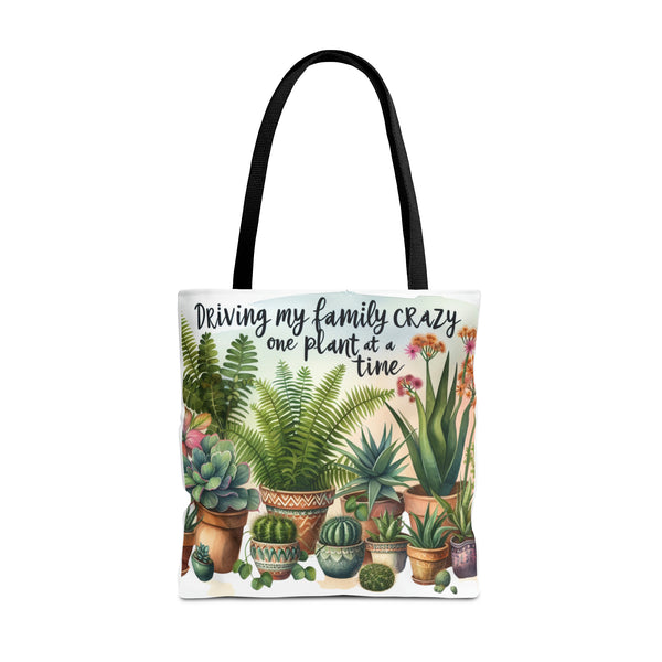 Driving my family crazy one plant at a time Tote Bag (AOP) reusable shopping bag gift idea for gardener - Unique Designs By C&K