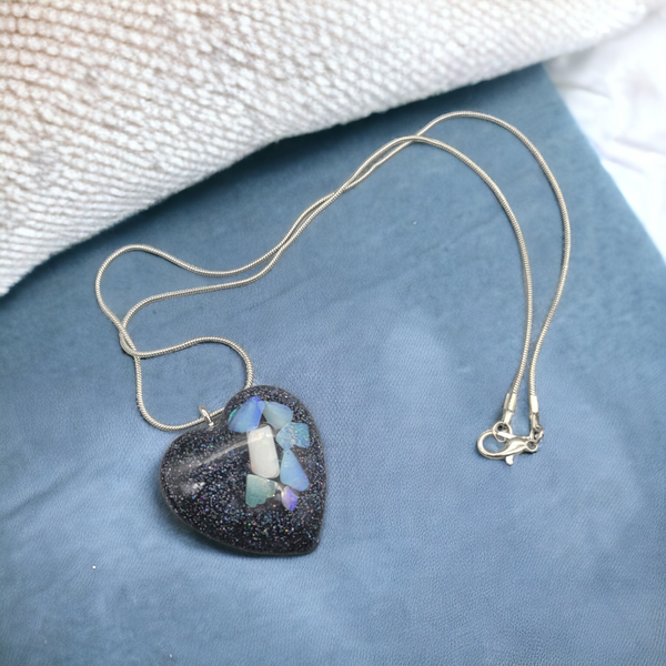 Sparkling Resin Glitter Heart Pendant with Australian Opal - Statement Necklace - Unique Designs By C&K