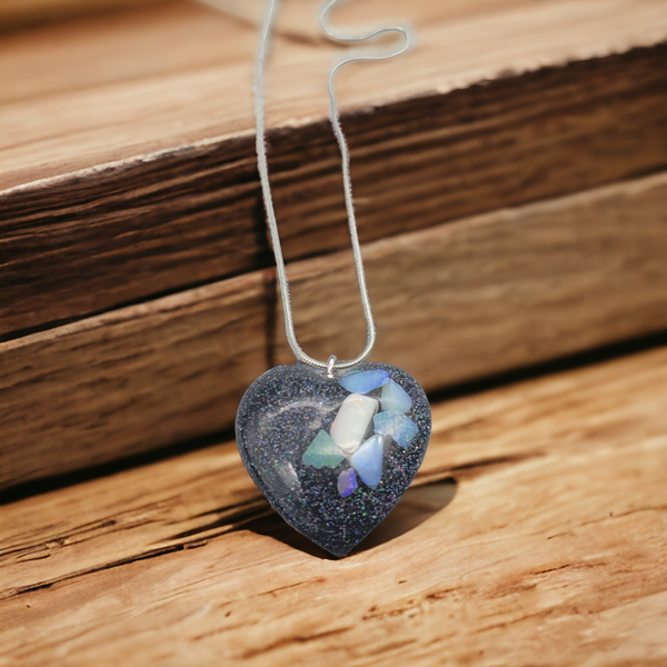 Sparkling Resin Glitter Heart Pendant with Australian Opal - Statement Necklace - Unique Designs By C&K