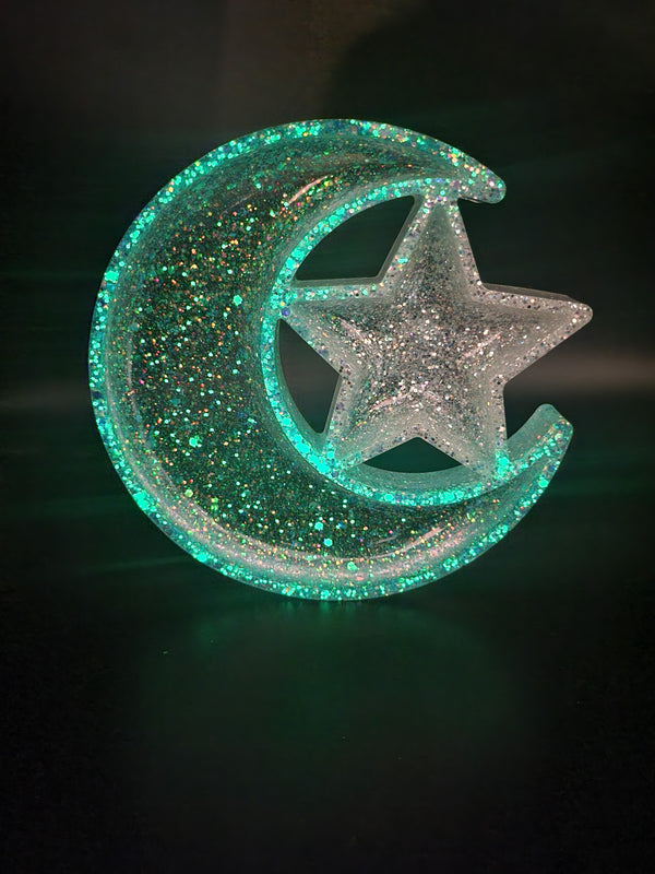 Glow-in-the-Dark Crescent Moon and Star Resin Trinket Tray - Unique Gift for Resin Art Enthusiasts - Unique Designs By C&K