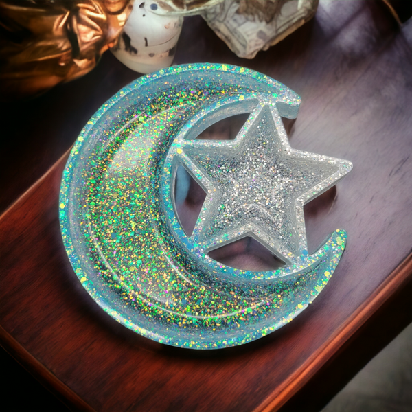 Glow-in-the-Dark Crescent Moon and Star Resin Trinket Tray - Unique Gift for Resin Art Enthusiasts - Unique Designs By C&K