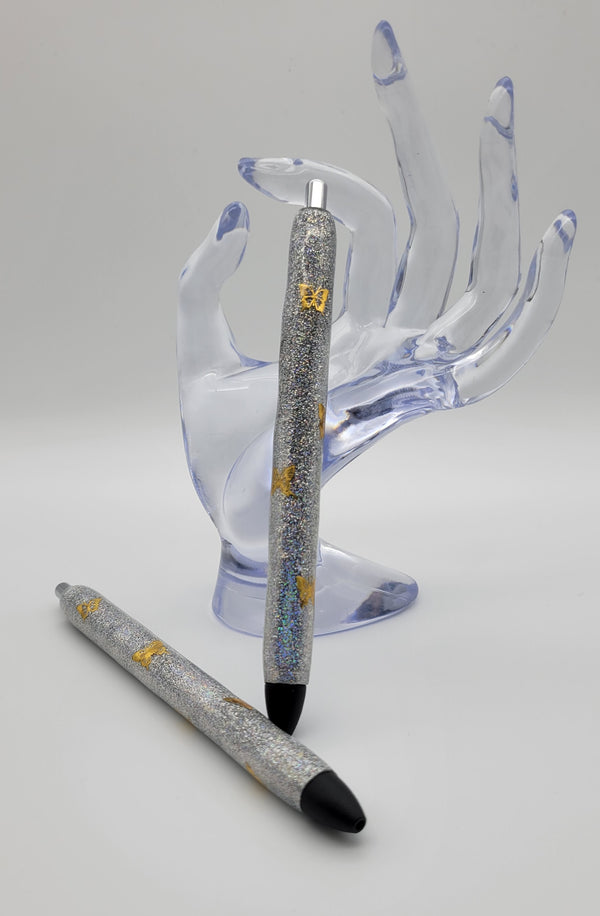 Refillable pens silver with gold butterflies - Unique Designs By C&K
