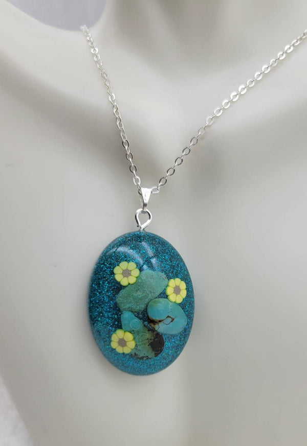 resin blue turquoise sunflower dangle earring and pendant necklace set